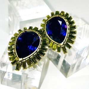Heidi Daus Clip Earrings Cobalt Blue Teardrop Center Stone with Green Baguettes